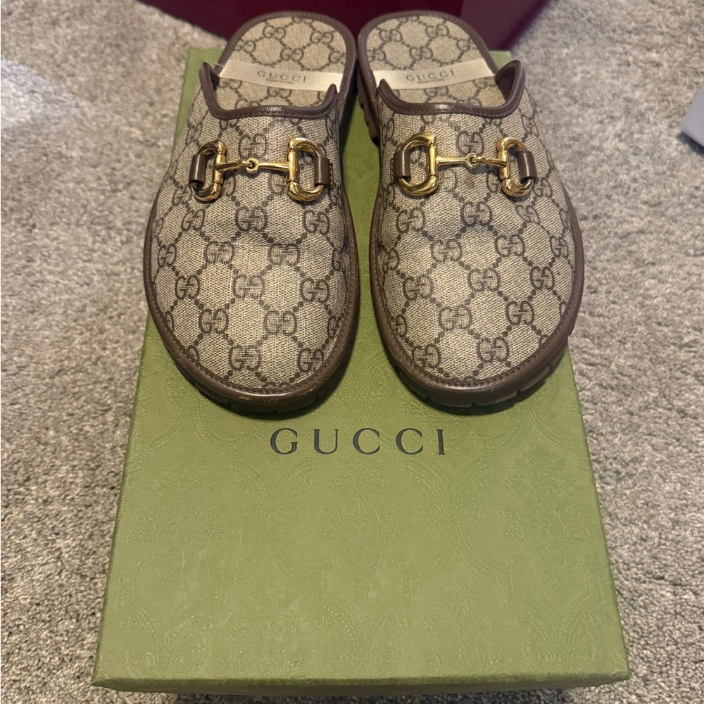 Gucci Beige and Brown Monogram Slip-On Shoes